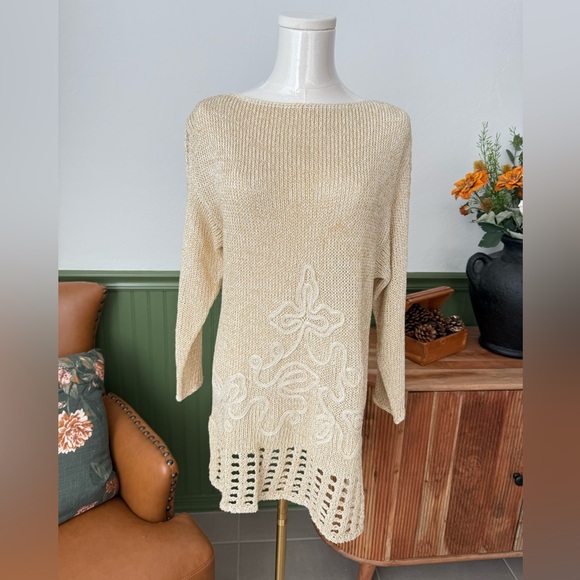 Vintage Exclusively Misook Dress/Top knitted gold/cream No Size Tag Best M/L - Picture 1 of 10
